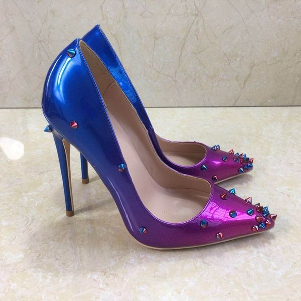 

new blue rivet high heeled lady pumps shallow pointed toe woman shoes party shoes slip-on pu leather wedding shoes y200702, Black