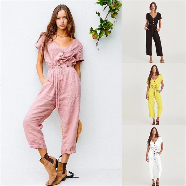 

new casual loose v neck short sleeve jumpsuits for women summer 2020 fashion with sashes solid color nine pants jumpsuits ladies, Black;white