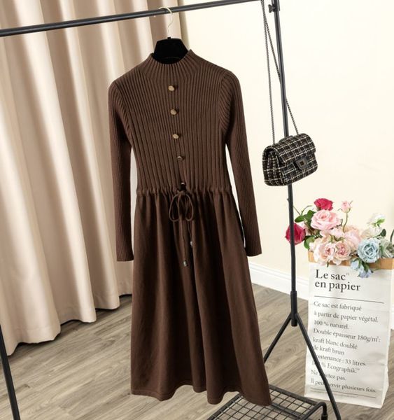 

2021 new elegant long women knit a line autumn winter thick warm sweater dresses button drawstring midi pleated dress lady boaq, Black;gray