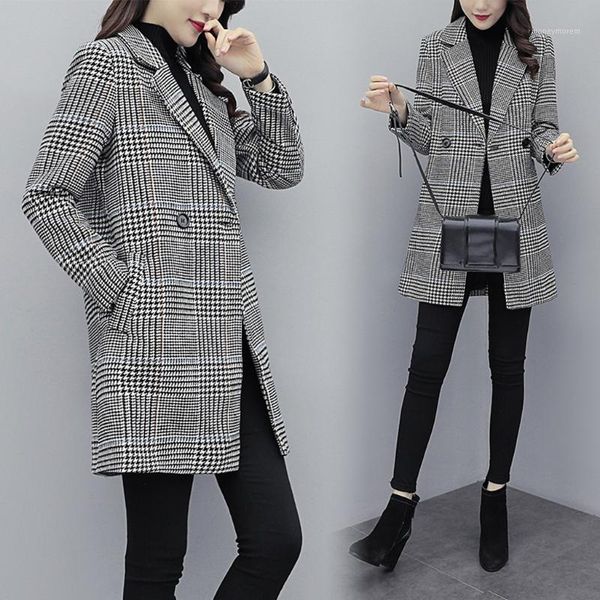 

women's wool & blends women long sleeve button woolen jacket coat 2021 warm windproof overcoat work plaid vintage winter office cappott, Black