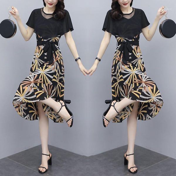 

2020 new dress, ruffled slim-fit waist hugging dress, over-the-knee long fake two-piece chiffon short-sleeve dress1, Black;gray