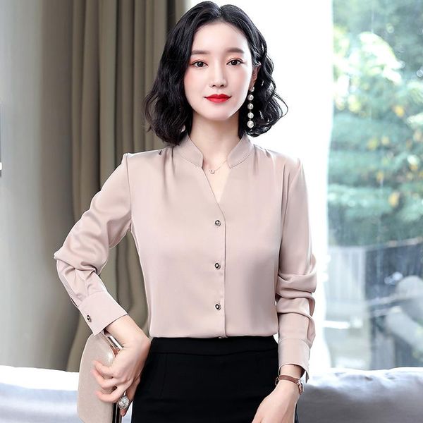 

korean fashion silk women blouses satin long sleeve shirt and blouse office lady blusas largas plus size autumn womens, White