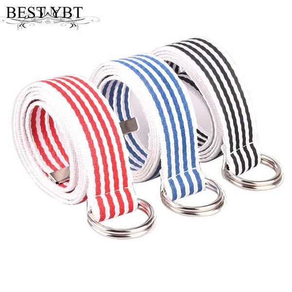 

ybt new women's belt canvas alloy double ring buckle fashion simple jeans decorative women striped belts, Black;brown