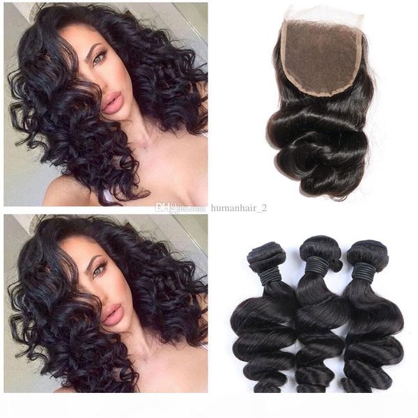 

malaysian virgin hair 3 bundles with lace closure loose deep wave hair with lace closure loose wave lace closure with bundles, Black;brown