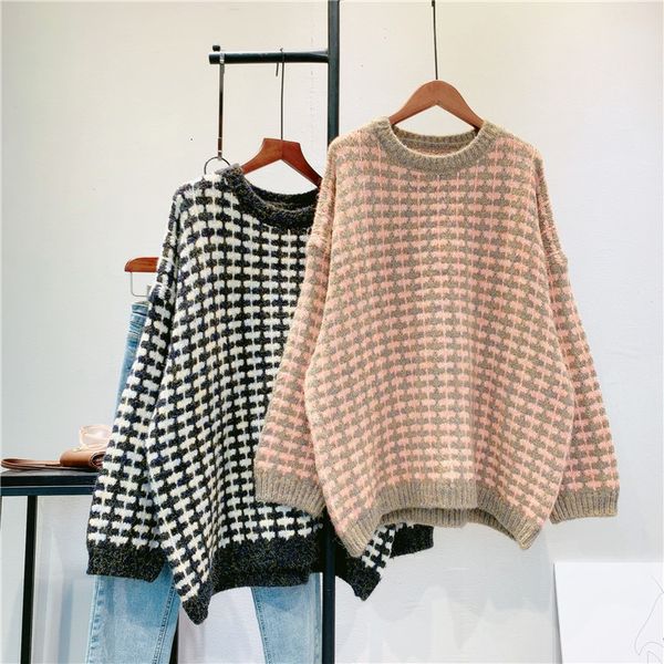 

2021 new women fall the-neck neck long sleeve shirt women's plaid sweater fashion casual winter pullovers pull femme 25f6, White;black