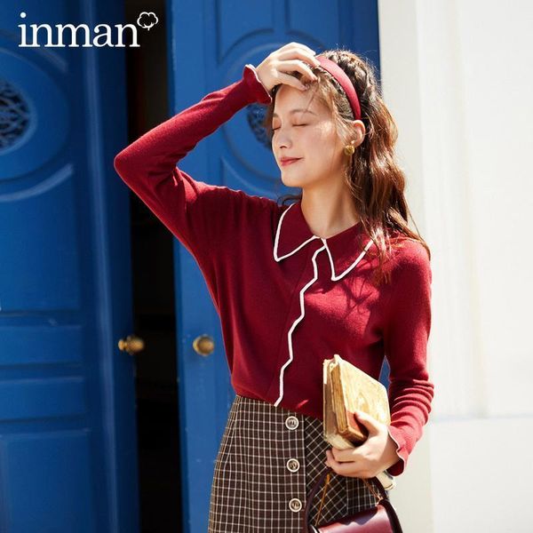 

inman 2020 autumn new arrival contrast flare sleeves ladies elegant rib edging elegant sweet literature sweater1, White;black