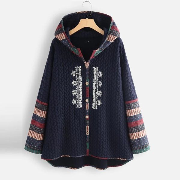 

women's down & parkas vintage print hoodie coat for women 5xl plus size outwear loose long sleeve wooden button autumn winter hoody out, Black