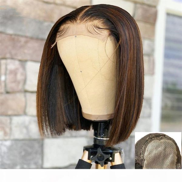 

highlight short bob wig straight ombre brown human hair wig lace front wigs with baby hair 5*5 pu silk base natural hairline, Black;brown