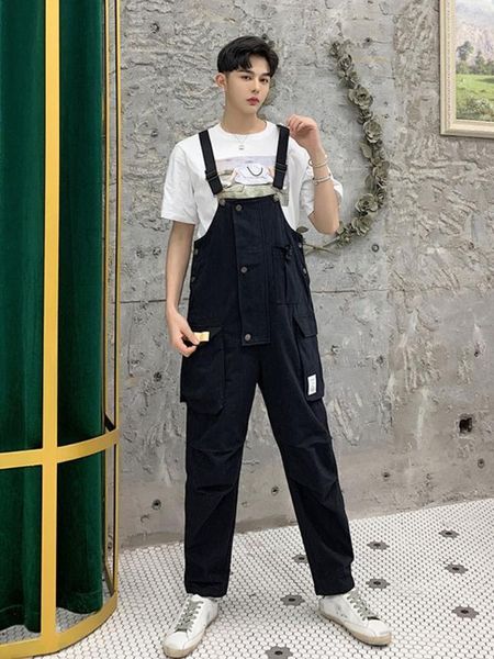 

men's overalls cargo pants fashion casual bib jumpsuits trousers male high streetwear hip hop loose harem pant1, Black
