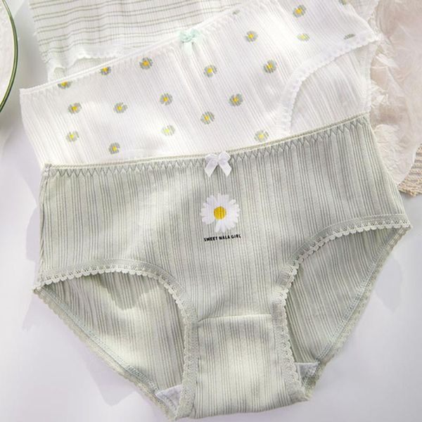 

fashion women panties japanese sweet girls thread cotton daisy print cute mid-waist briefs underwear female breathable panties, Black;pink