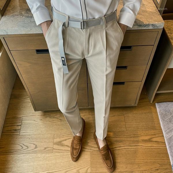

2020 autumn winter men's business dress pants slim belt stitching casual suit pants british style office social wedding trousers1, White;black