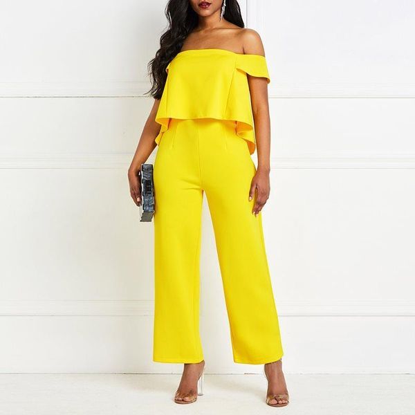 

off shoulder wide leg jumpsuit women long overalls ruffle party stylish backless yellow high waist causal jumpsuits female1, Black;white