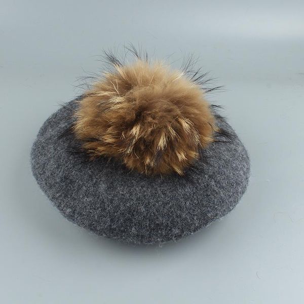 

berets 2021 big real fur pompom beret women vintage artist hat girls autumn spring wool knitted cap, Blue;gray