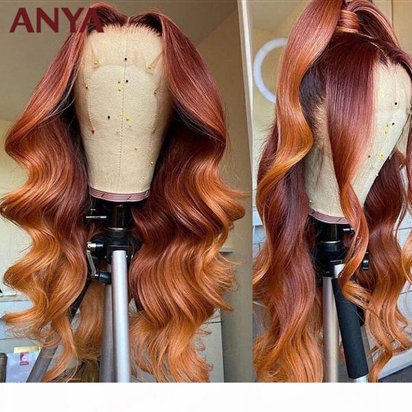 

anya orange ombre colored lace front human hair wigs pre plucked body wave hd lace maylasia 30inch virgin hair for black women, Black;brown