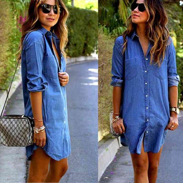 

women denim dress button spring autumn long sleeve casual mini button pockets loose fashion daily girls wear clothing, Black;gray