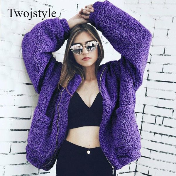 

twojstyl 2018 winter faux fur woman coat turn-down collar warm short teddy bear coat female plus size khaki fur outerwear1, Black