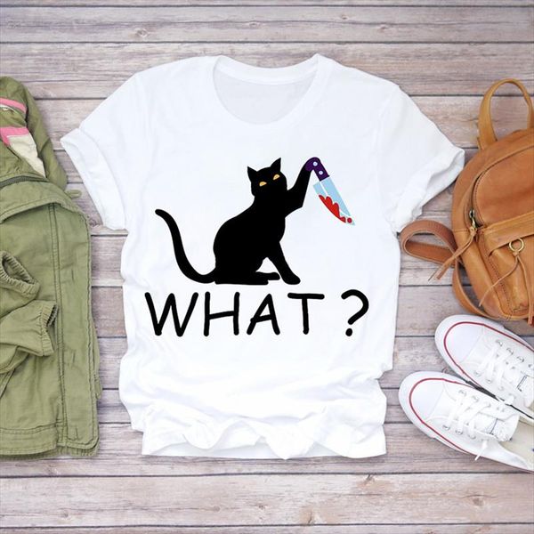 

women cartoon cat 90s animal camisas mujer halloween print lady t shirts womens graphic t shirt ladies female tee shirt, White