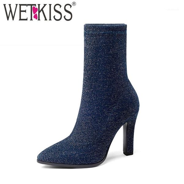 

boots wetkiss latest model woman sock boot lady high heels ankle pointy toe female autumn footwear women shoe big size 34-431, Black