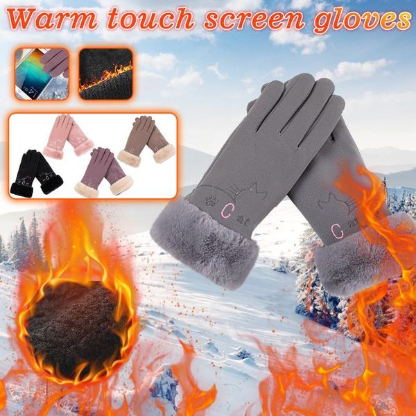 

five fingers gloves mittens women' thick warm gary deerskin velvet winter touches screen fashion print, Blue;gray