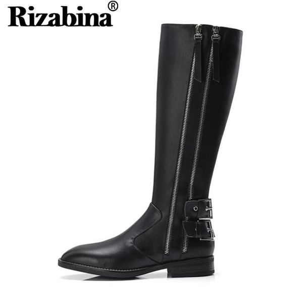 

boots rizabina women knee winter keep warm with fur shoes square heels fashion buckle zipper platform footwear size 34-39, Black