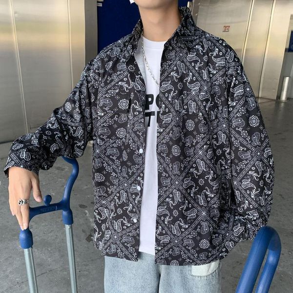 

2020 spring and autumn new youth popular personality cashew flower printed long-sleeved shirt fashion casual loose s-3xl1, White;black