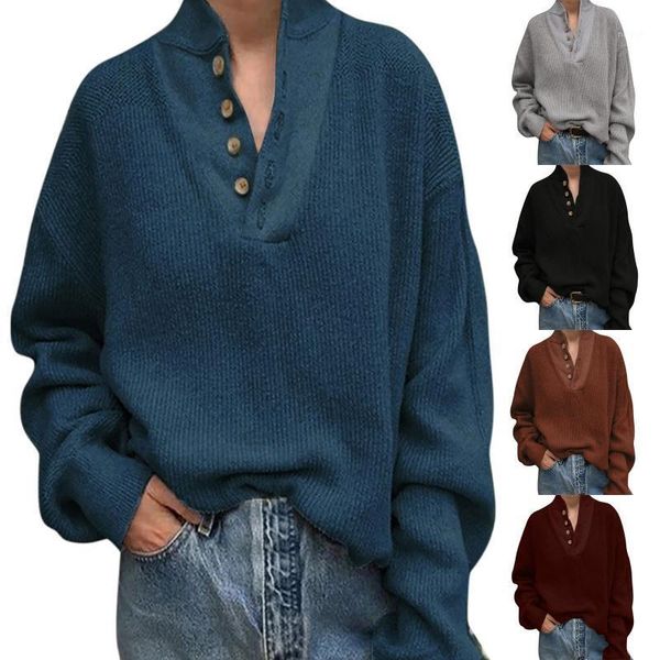 

women's sweaters women v-neck button stand collar flame sweater solid color leisure time long sleeves lady plus size casual1, White;black