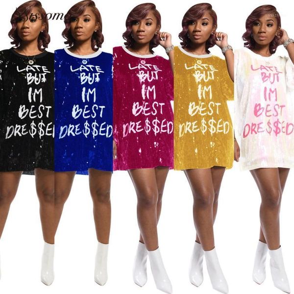 

summer dress women o-neck letter print gauze sequins patchwork loose shirt dress streetwear glitter tee vestidos 11, Black;gray