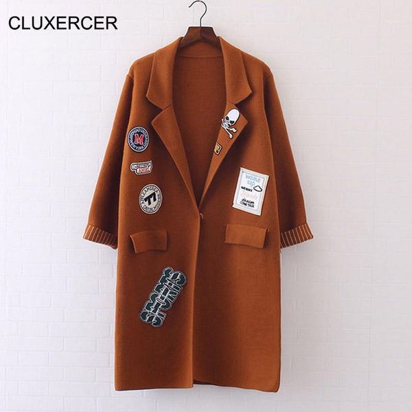 

wholesale- cluxercer brand cardigan women embroidery badge long sleeve knitted sweaters long cardigans mori girl long coat1, White;black