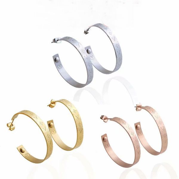 

europe america style lady women titanium steel engraved v initials four leaf flower c-shape hoop stud earrings 3 color, Golden;silver