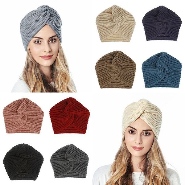 

beanie/skull caps 1pc boho style women knot bandanas fashion knitting warm muslim scarf 2021 autumn winter turban cap solid color cross head, Blue;gray