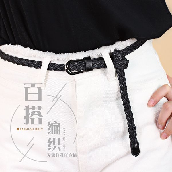

designer fashion womens vivid braided casual pu leather narrow thin buckle strap waist belt candy skinny waistband belt for women, Black;brown