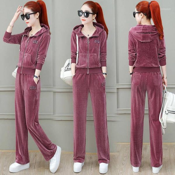 

spring and autumn two pieces set hoodie and pant velet tracksuit women set elastic waist leisure 2 piece women outfits1, White