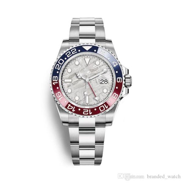 

2021 classic men watch gmt 40mm meteorite dial automatic mechanical movement stainless steel strap sapphire glass men wristwatches, Slivery;brown