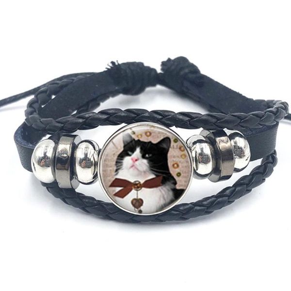 

woven leather time gem bracelet multi-layer bracelet diy cute cat glass cabochon