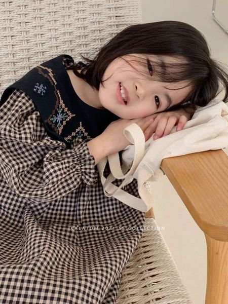 

wear new children's kalatom girls' spring long sve drs wtern sle big lapel plaid skirt, Red;yellow