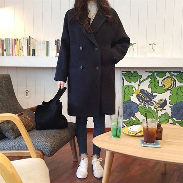 

new thin wool blend coat women long sleeve turn-down collar outwear jacket casual autumn winter elegant overcoat outwear 201210, Black