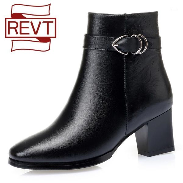

boots revt women ankle high heel 2021 genuine leather thick short wool warm winter shoes for 1, Black
