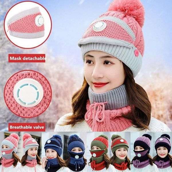 

beanie/skull caps women's knitted hat scarf neck warmer winter thick warm beanie skullies hats female bonnet outdoor riding sets, Blue;gray