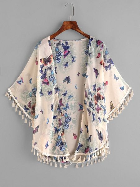 

butterfly print fringe trim y07i#, White;black