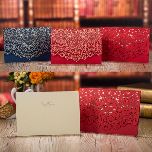 

1pcs blue red luxury flora laser cut wedding invitation card baby shower print wedding envelopes event party wedding decoration sqcbuc