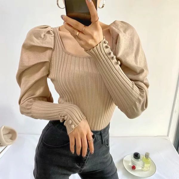

deat 2020 autumn new arrivals long puff sleeve square collar knitted bodysuits women romper mk607 q1118, White