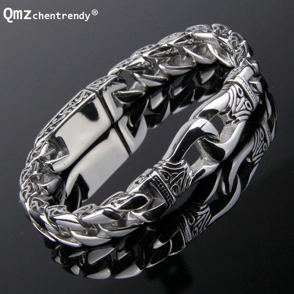 

link, chain mens fashion embossed chains bracelet stainless steel biker wristband vintage tibet curved edging curb bracelets, Black
