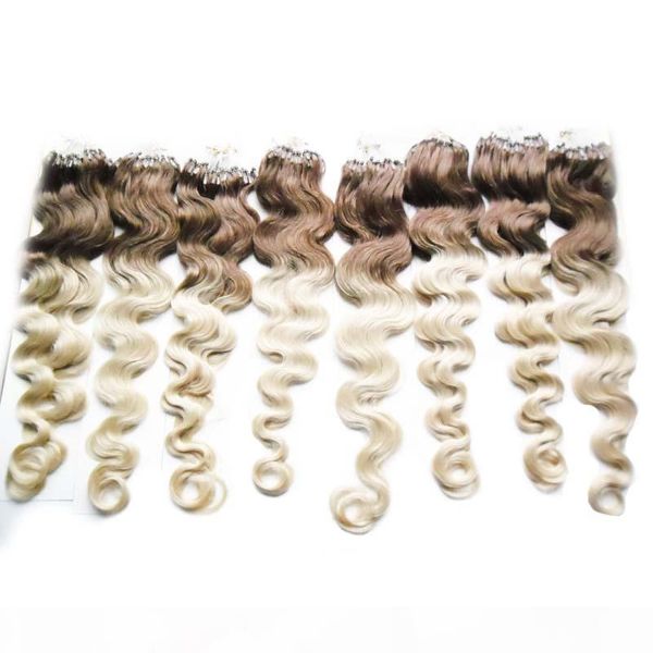 

micro loop human hair extensions body wave t4 613 two tone ombre brazilian hair 8pcs lot 800g micro loop hair extensions, Black