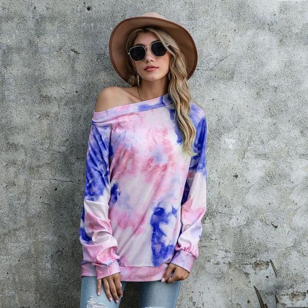 

autumn women tshirt women soft tie-dye long sleeve off shoul casual tunic pullover t shirt ladies casual clothes1, White