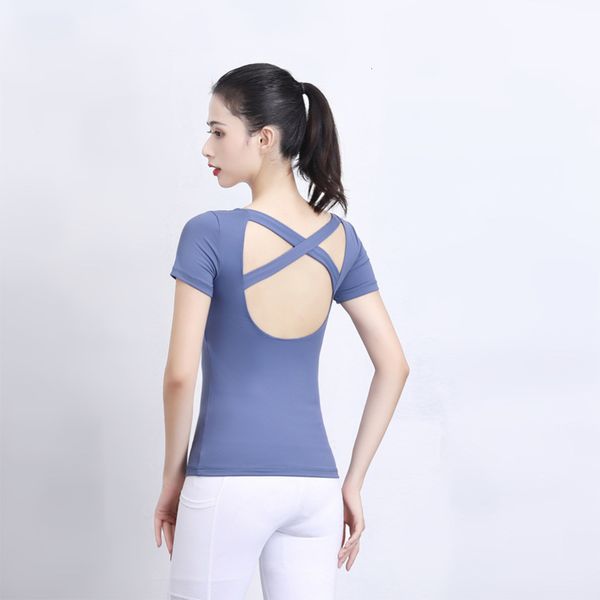 

women's nylon sleeve mesh short with breast pad professional fitness running dance yoga suit, Gray