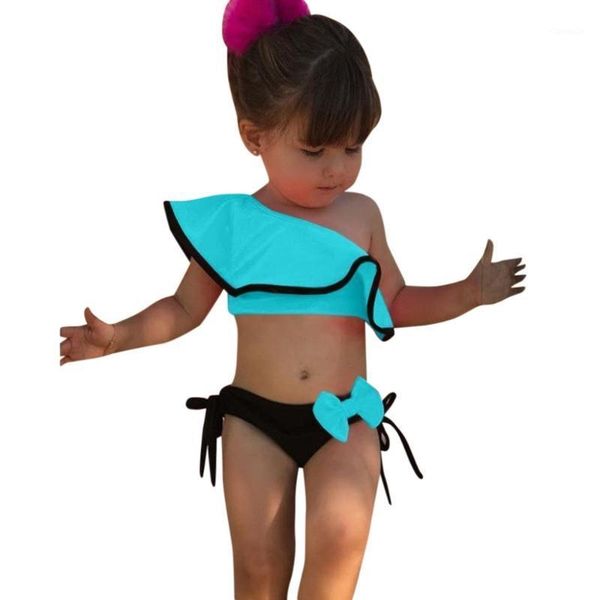 

clothing sets 2021 children swimsuit arloneet summer kids baby girls solid print ruffles bow swimwear bikini outfits 5.101, White