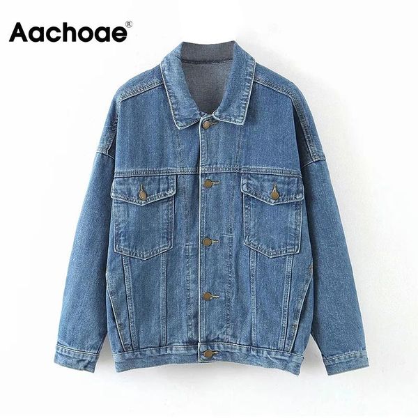 

aachoae women streetwear denim jacket with pockets 2020 batwing long sleeve single breasted coat loose turn down collar outwear, Black;brown