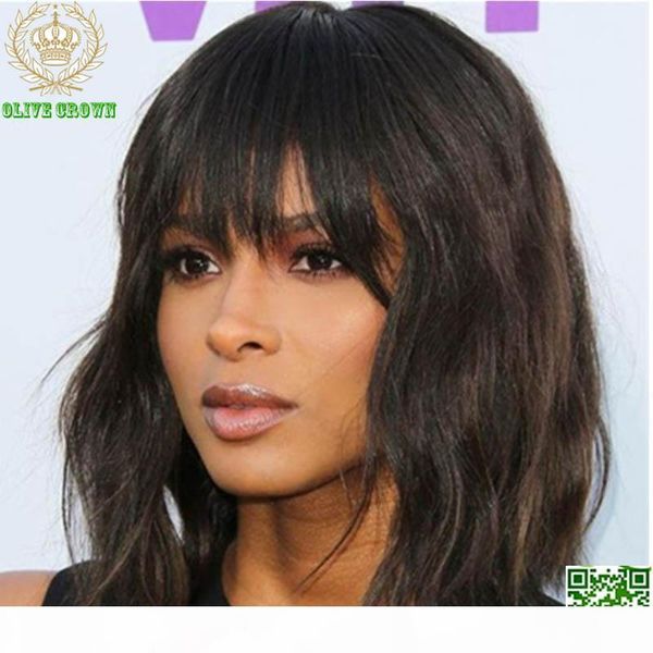 

malaysian human hair full lace wig short wavy bob lace front wig with air bangs, Black;brown