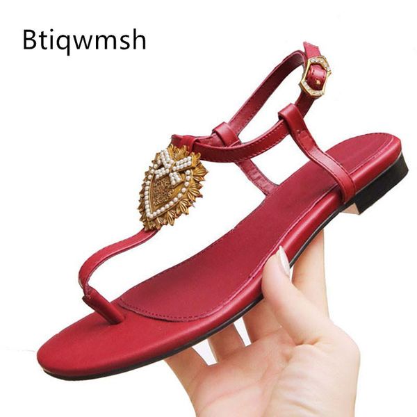 

sandals 2021 est gladiator women flip flops rhinestone metal heart red soft real leather flat shoes woman summer, Black
