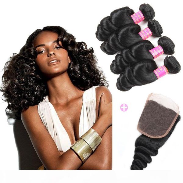 

malaysian 8a loose wave 4 bundles with swiss lace closure middle 3 part double weft 100% unprocessed virgin human hair extensions, Black
